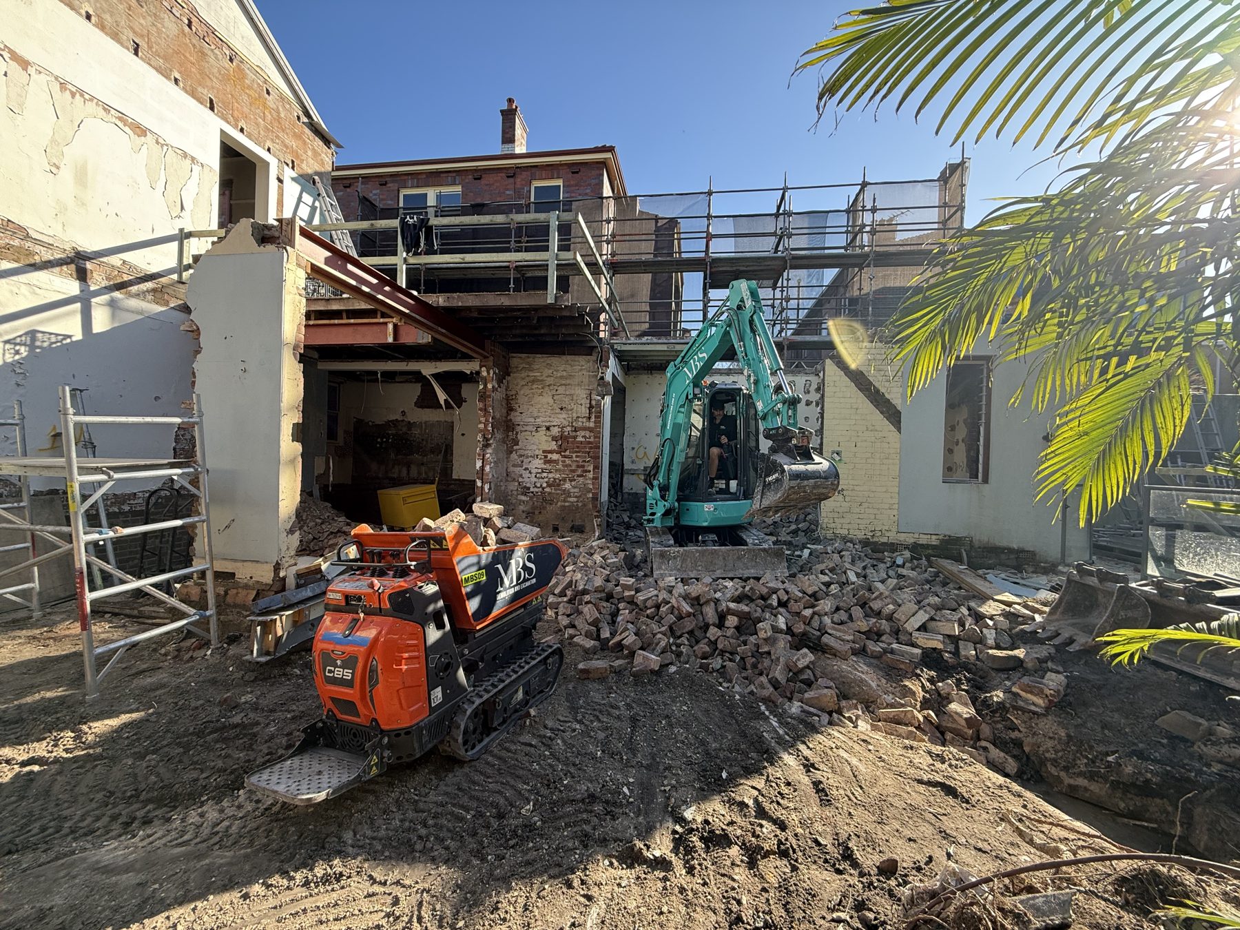 MBS Cormidi and Kobelco mini excavators working on a partial demolition at Randwick